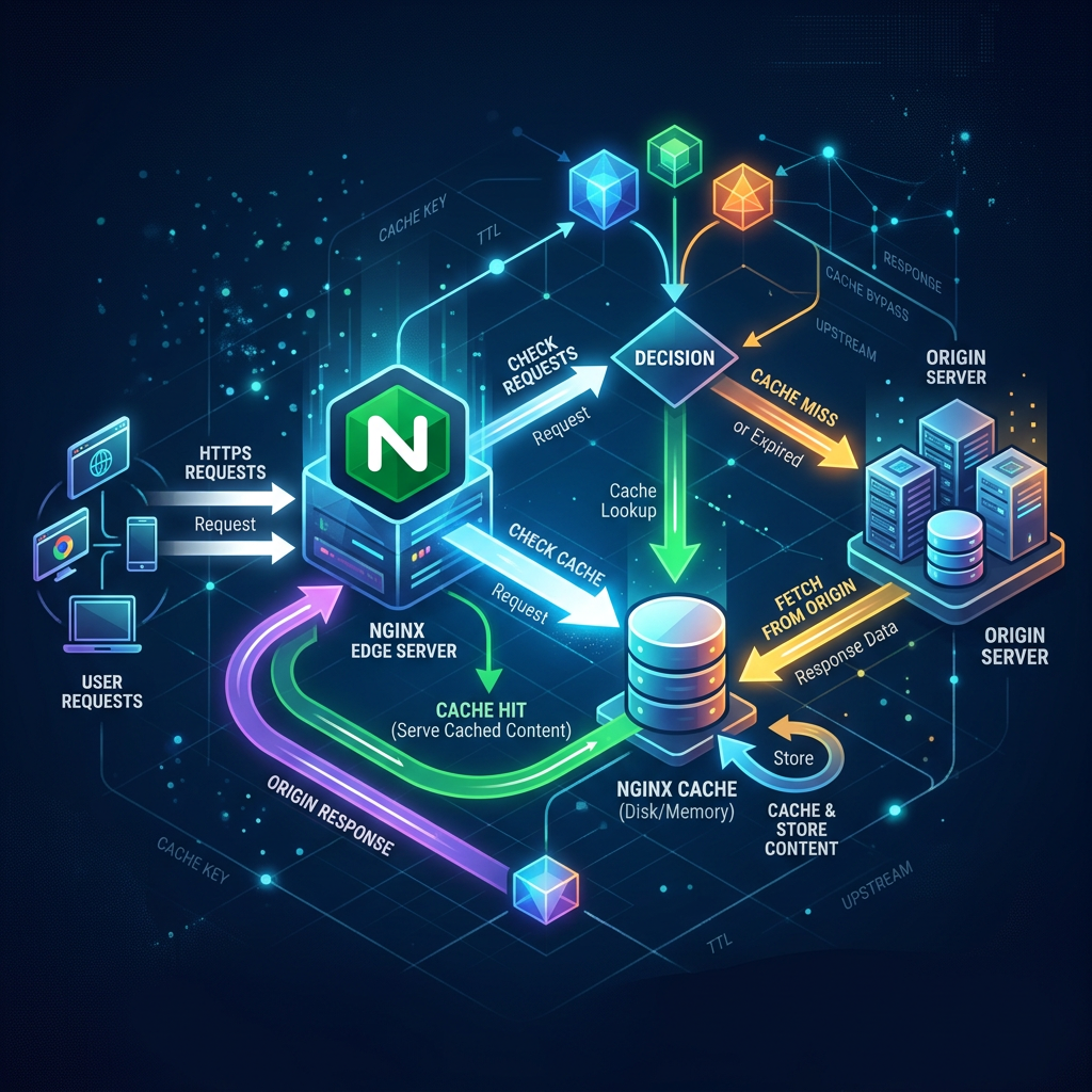 Diagram showing NGINX edge server handling user HTTPS requests, cache lookup, cache hit, cache miss, and fetching content from origin servers